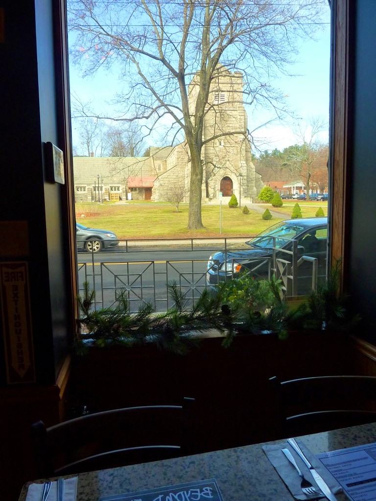 View of the Hopedale Unitarian Parish from Beyond Full restaurant in Hopedale, Mass.