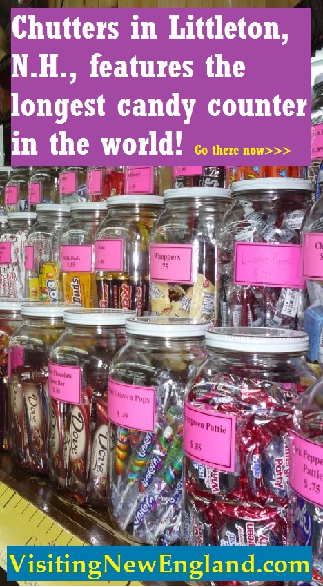 Chutters in Littleton NH features the longest candy counter in the world at nearly 112 ft. long.