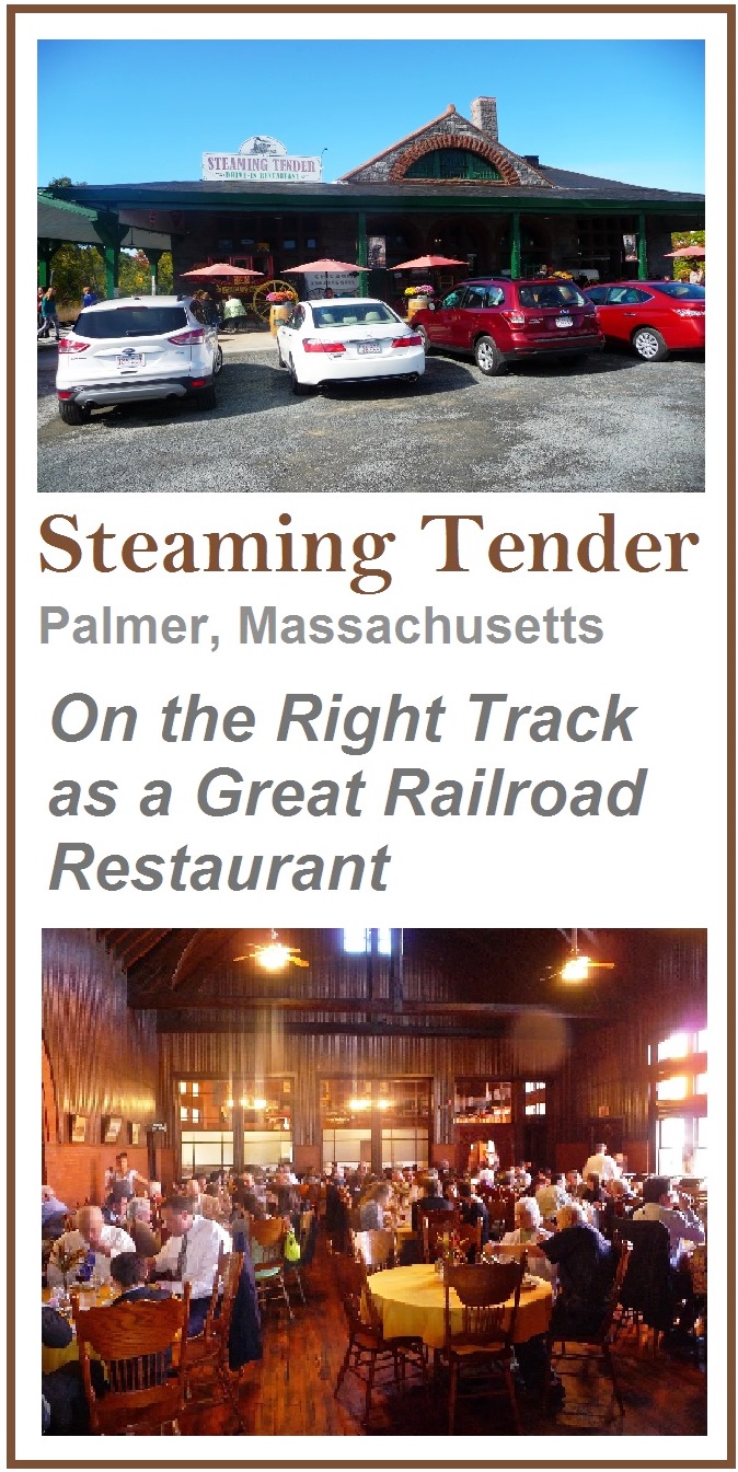 Steaming Tender in Palmer, Massachusetts, features an authentic railroad station theme in an H.H. Richardson designed building. The food is phenomenal.
