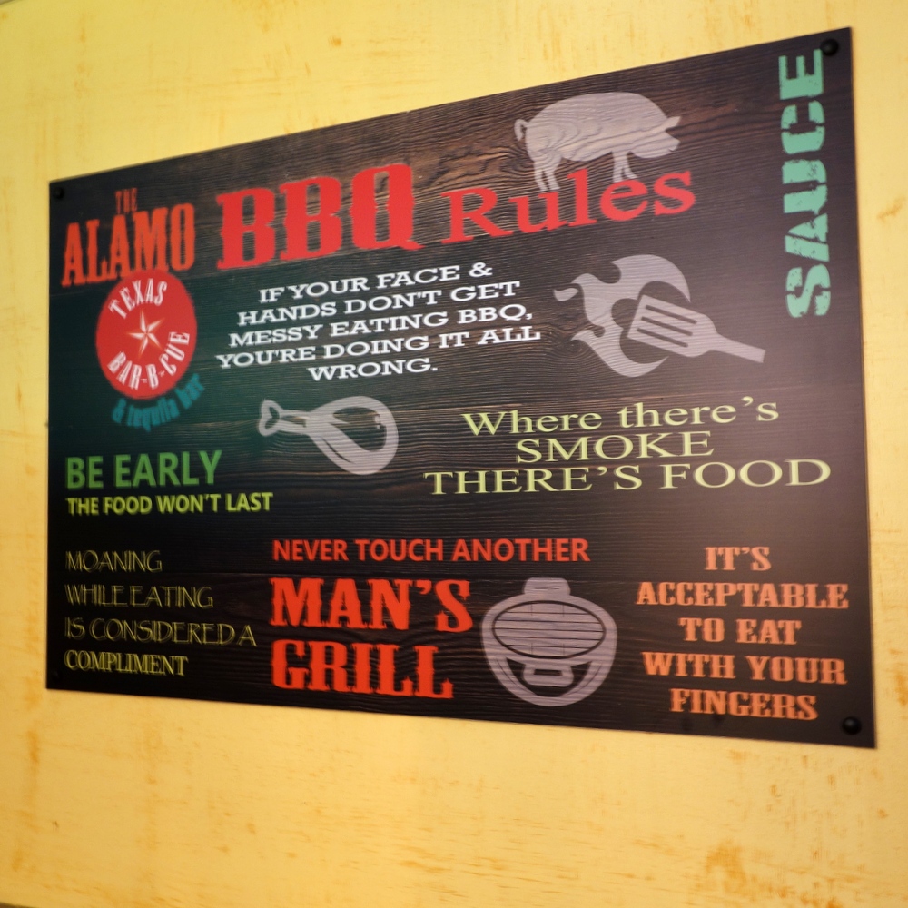BBQ rules sign at The Alamo Texas BBQ in Brookline, N.H.