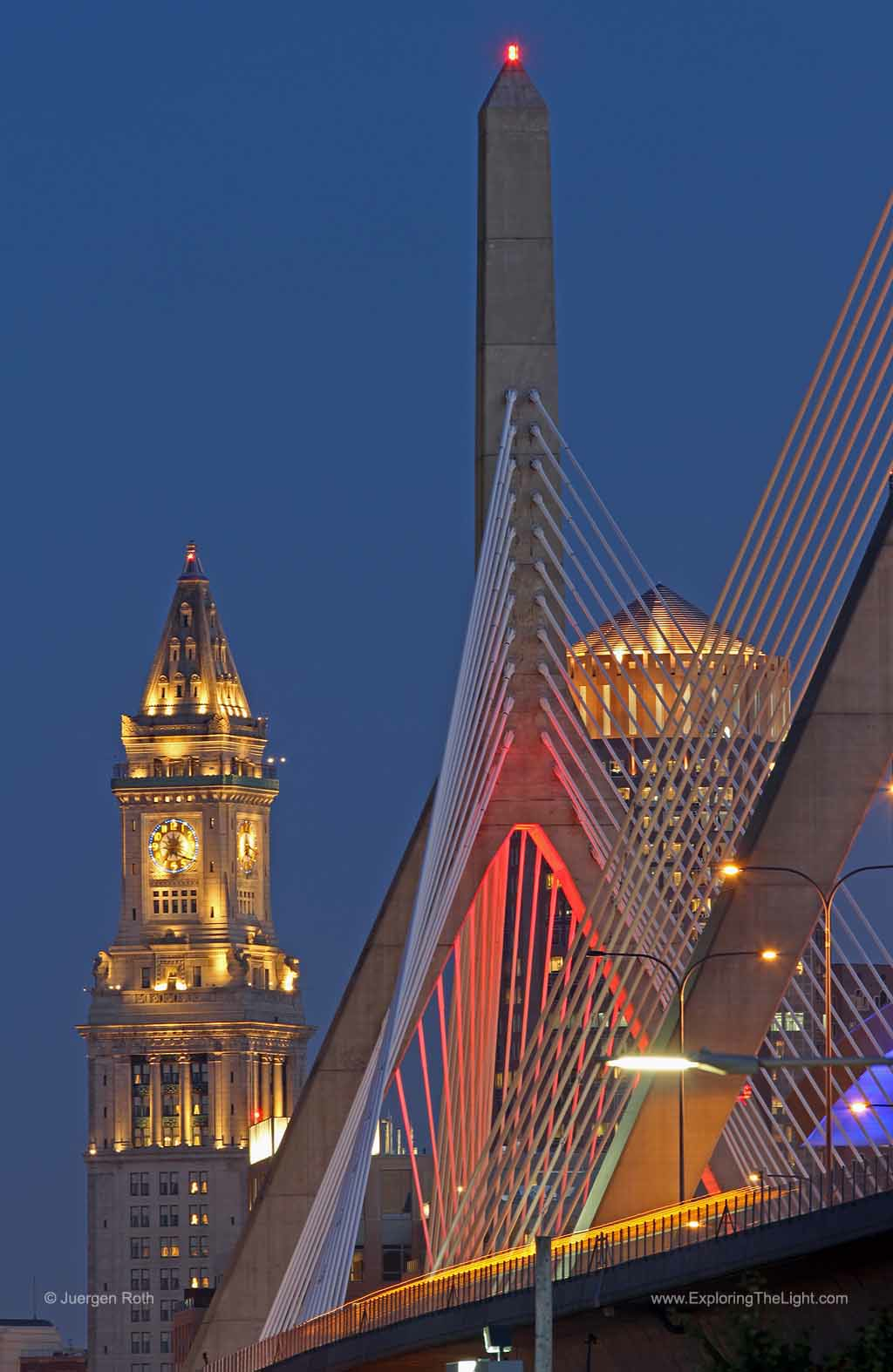 Zakim Bridge, Boston Custom House at twilight, Boston MA