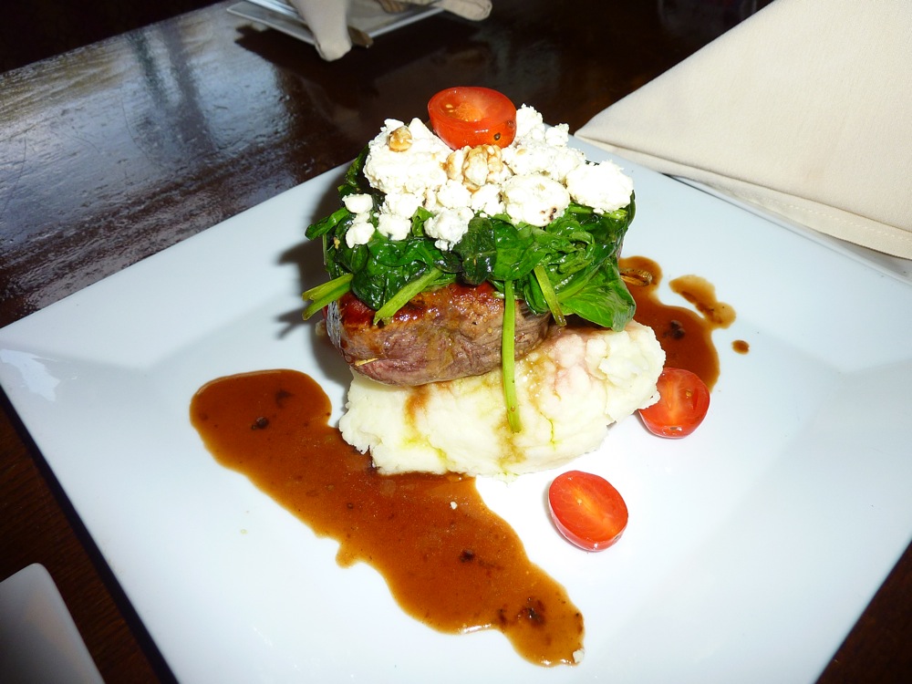 Filet mignon with mashed potatoes, bleu cheese, spinach and a demi glze from Connie's Rustic Kitchen and Tavern in Wrentham, Massachusetts.