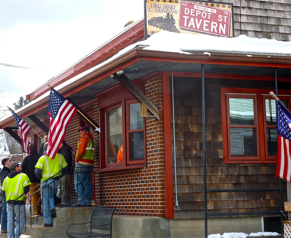 Lines out the door at the Depot Street Tavern in Milford, Massachusetts