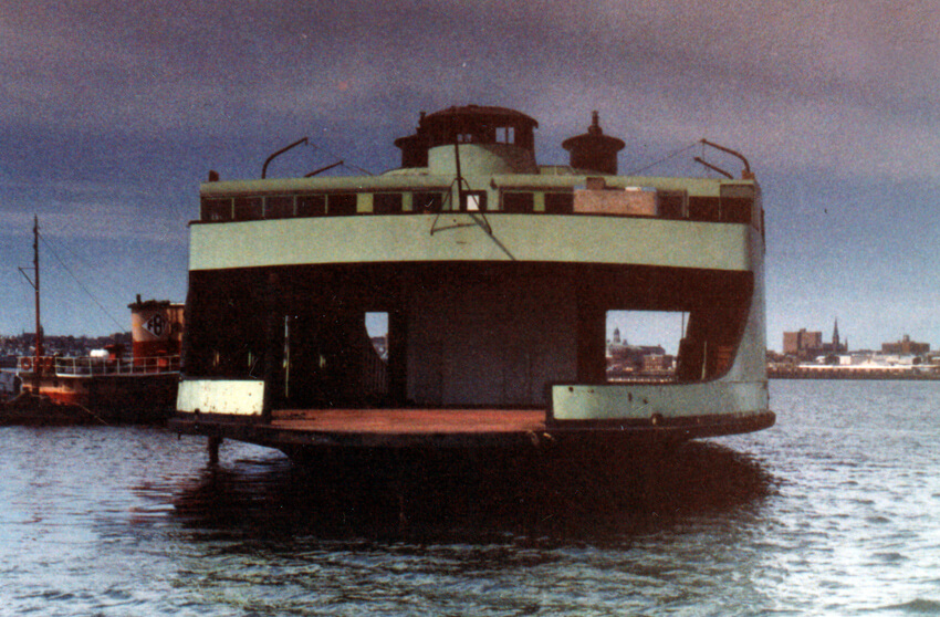 Car ferry arrives in 1980 to Long Wharf in Portland, Maine -- soon to be converted into DiMillo's Restaurant.