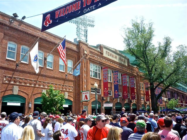 Crowds outside Fenway Park, home of the Boston Red So