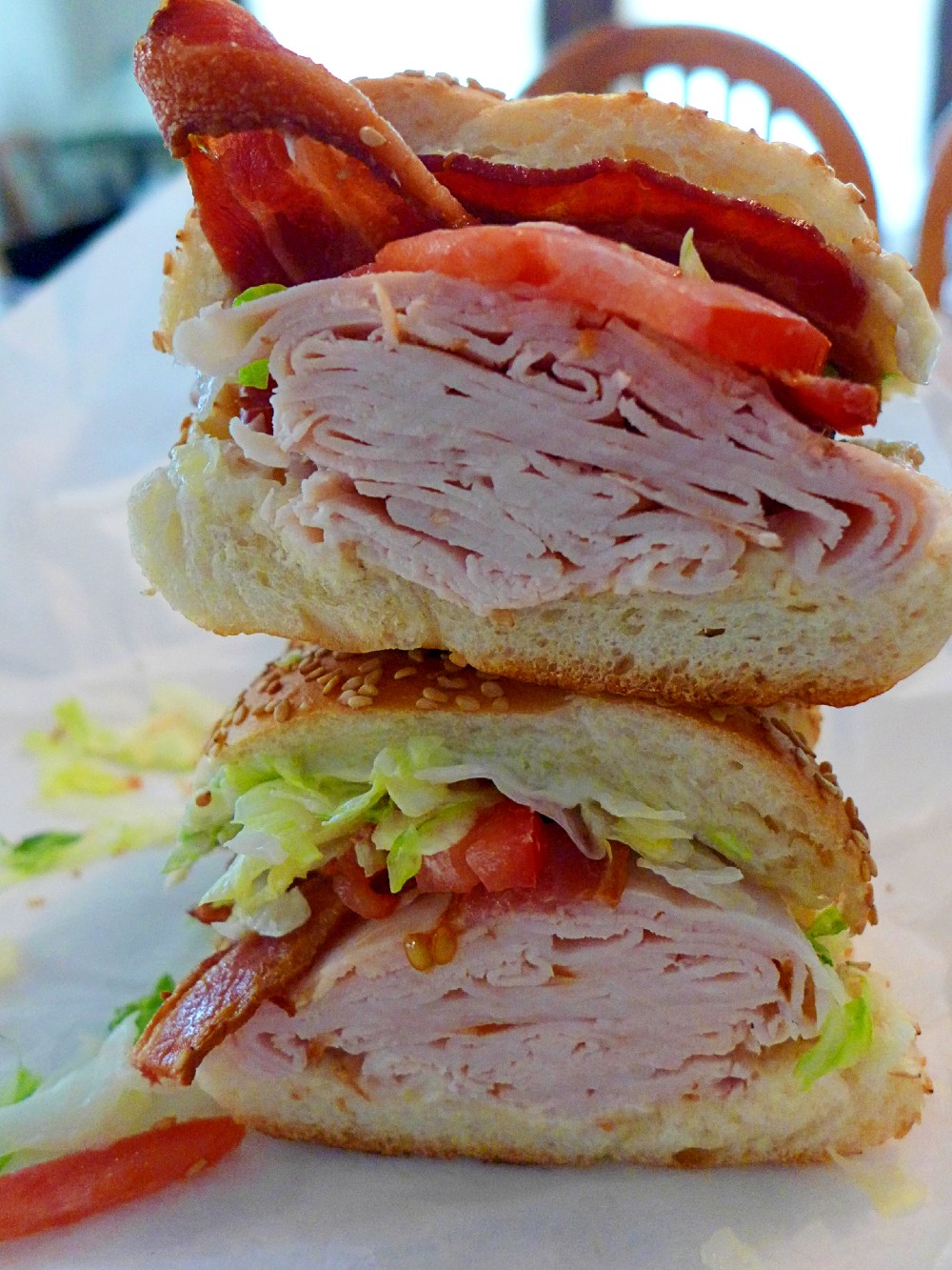 The TLBT: turkey, lettuce and tomato on a braided sesame roll from the Good Food Store & Deli in Walpole, Massachusetts