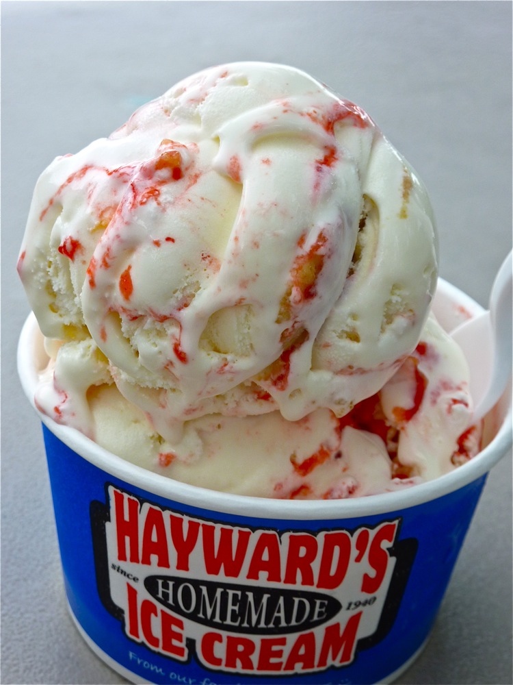 Strawberry cheesecake ice cream with a strawberry and grahama crust swirl from Hayward's Ice Cream in Nashua, New Hampshire