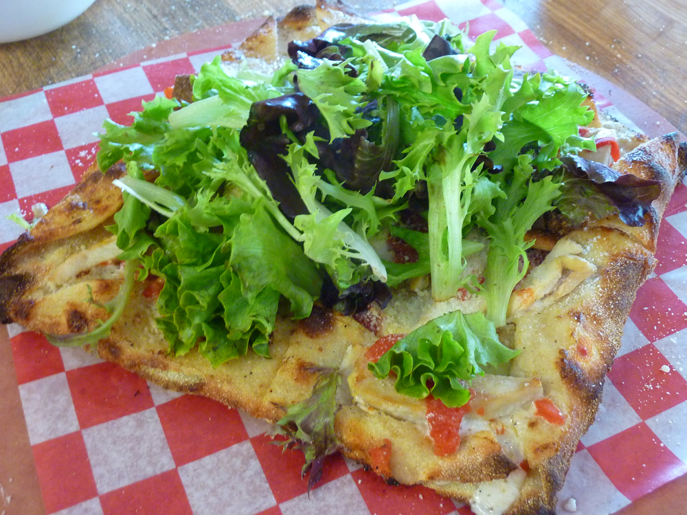 Chicken Caesar salad firebread pizza from Kindles Pizzeria in Marlborough, Mass.