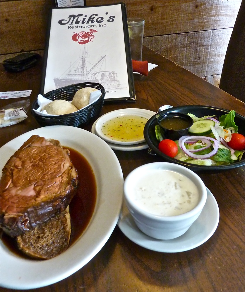 Prime rib, New England clam chowder, salad and bread from Mike's Restaurant in Fairhaven, Mass.