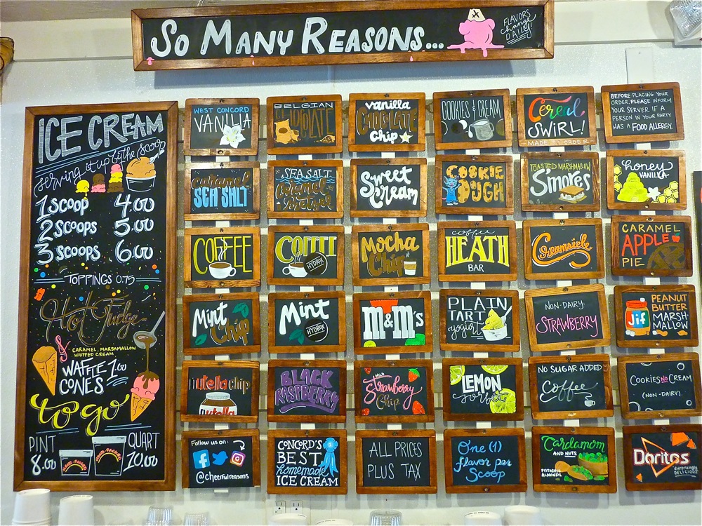 Ice cream menu from Reasons To Be Cheerful in West Concord, Mass.