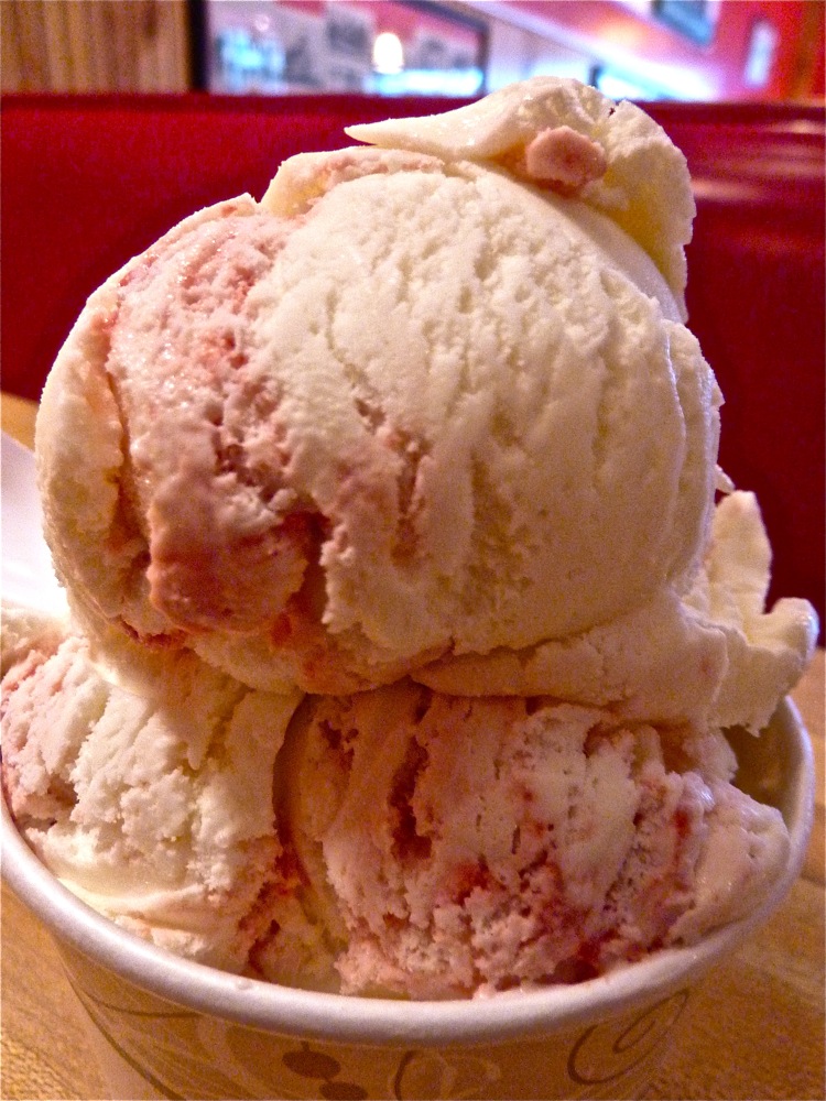 Over the rainbow ice cream with lemon, white chocolate chips and raspberry swirl from Schoolhouse Ice Cream in Burlington, Mass.