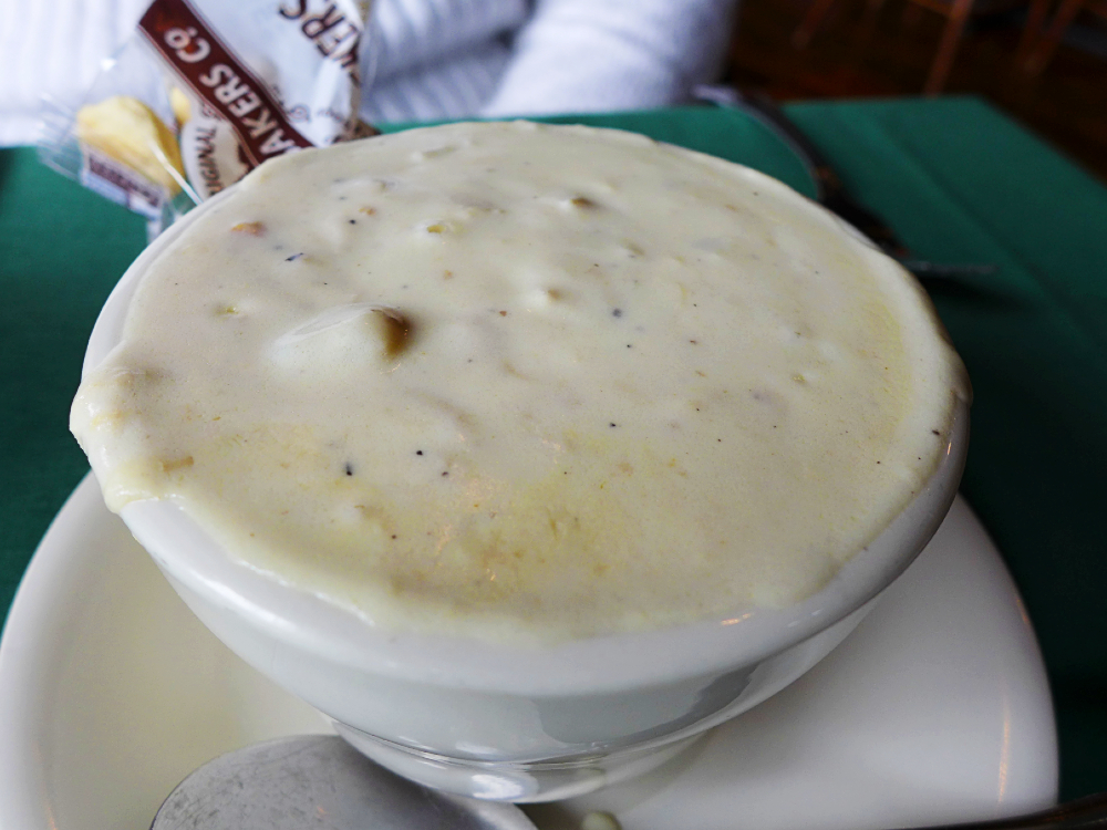 Overflowing thick New England clam chowder from Steaming Tender Restaurant, Palmer MA