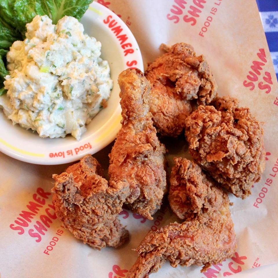 Fried chicken with a scoop of potato salad from Summer Shack in Cambridge, Mass.