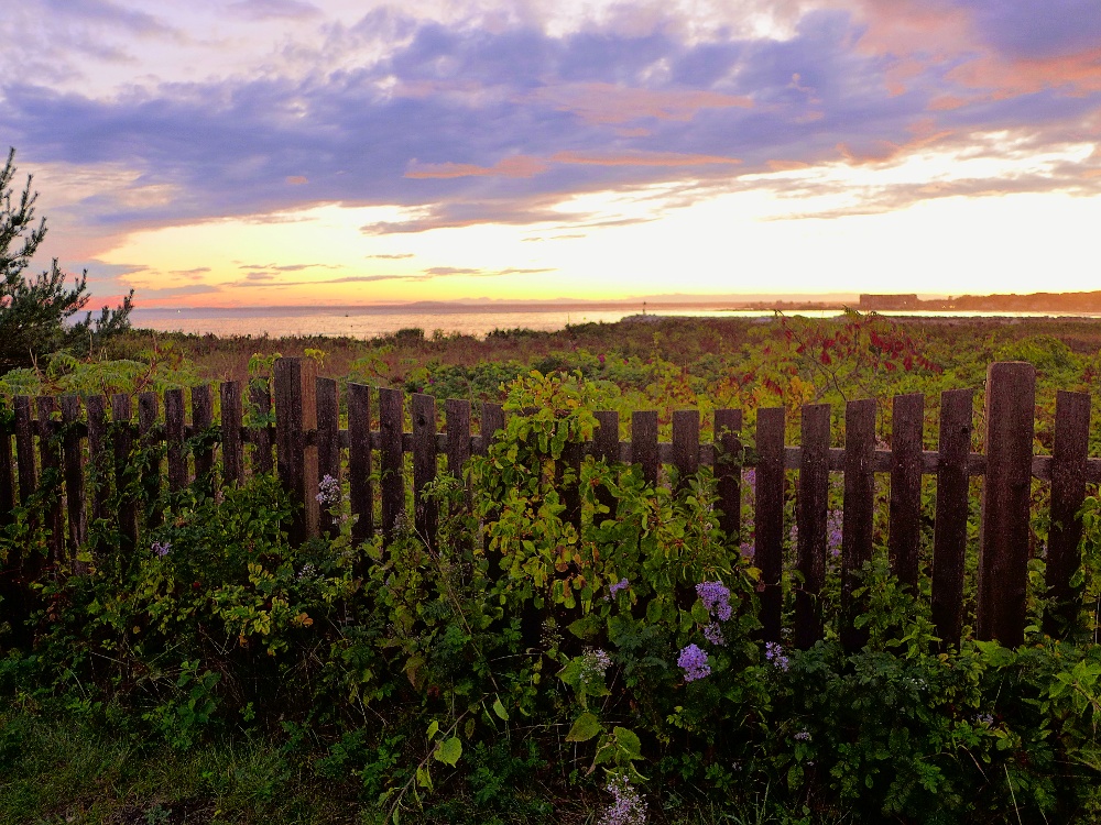 Fence, sunset, Kennebunkport, Maine at twilight.
