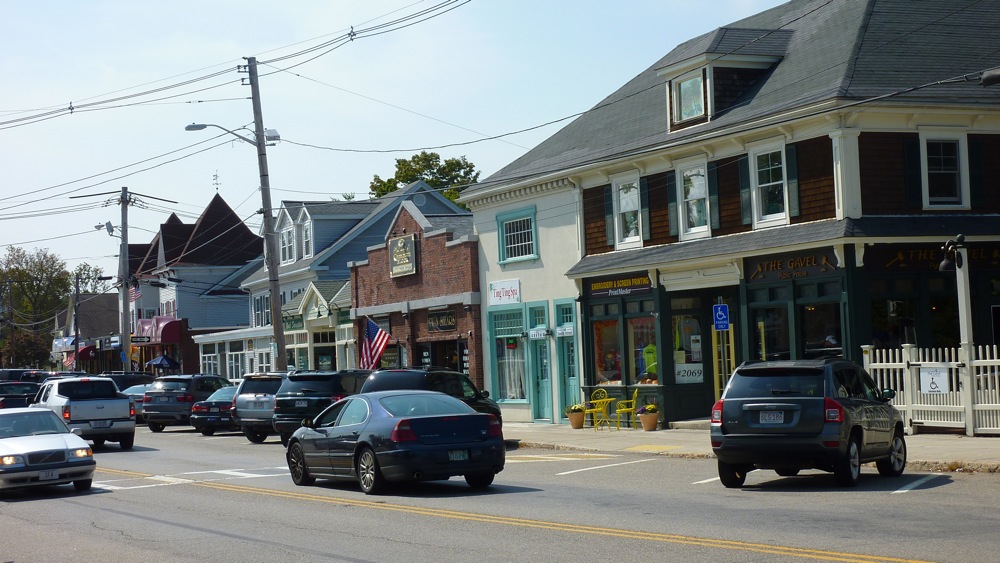 Downtown shops in quaint Wrentham, Massachusetts.